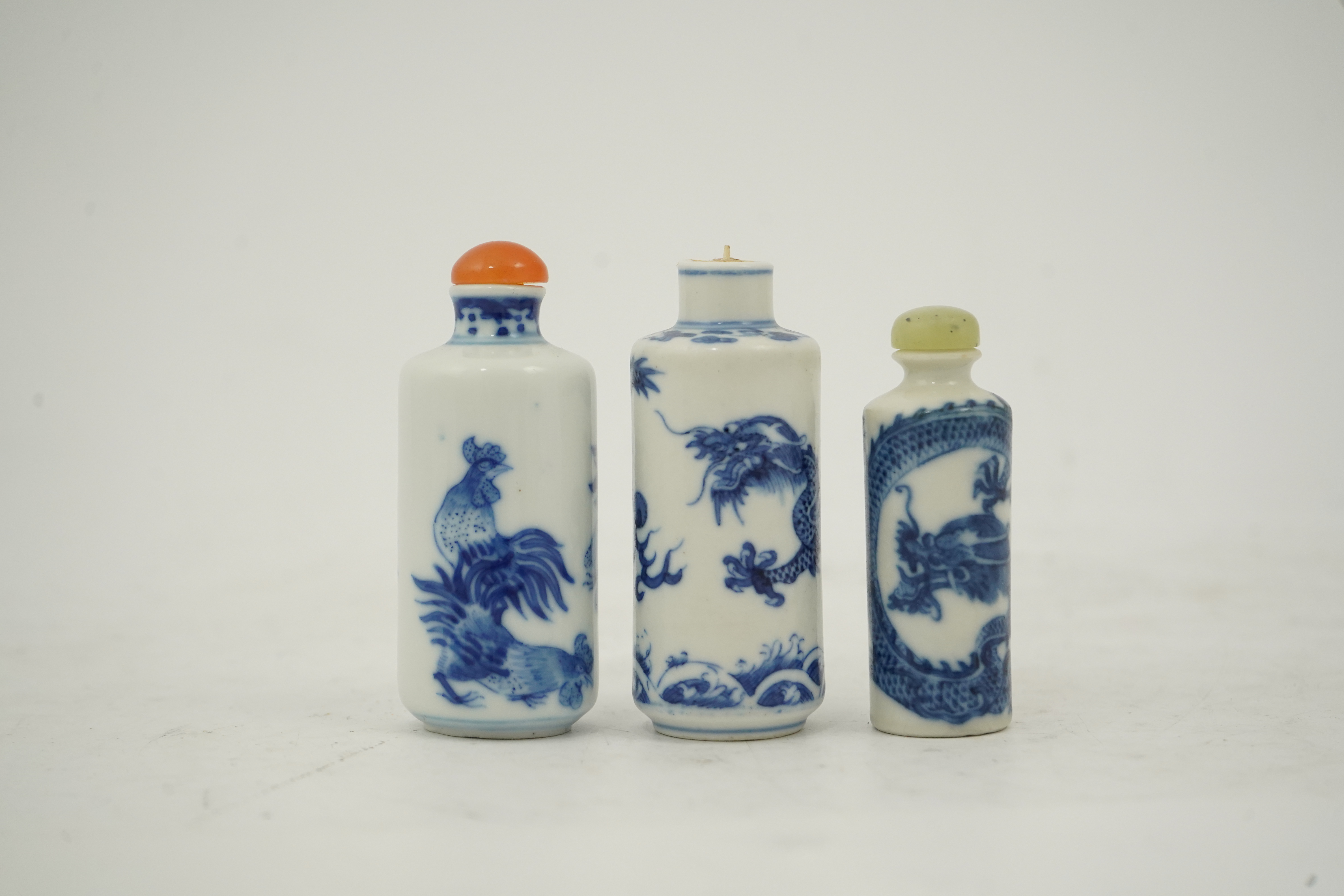 Three Chinese blue and white snuff bottles, c.1850-1900
